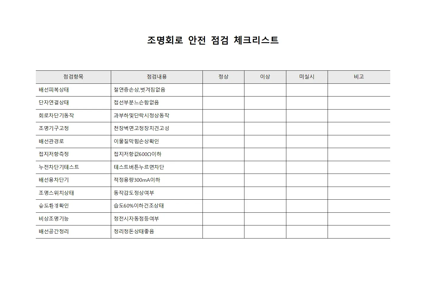 조명회로 안전 점검 체크리스트 서식문서