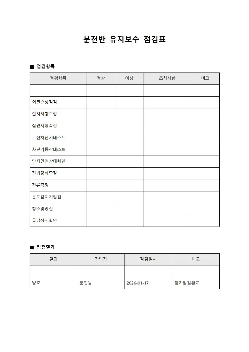 분전반 유지보수 점검표