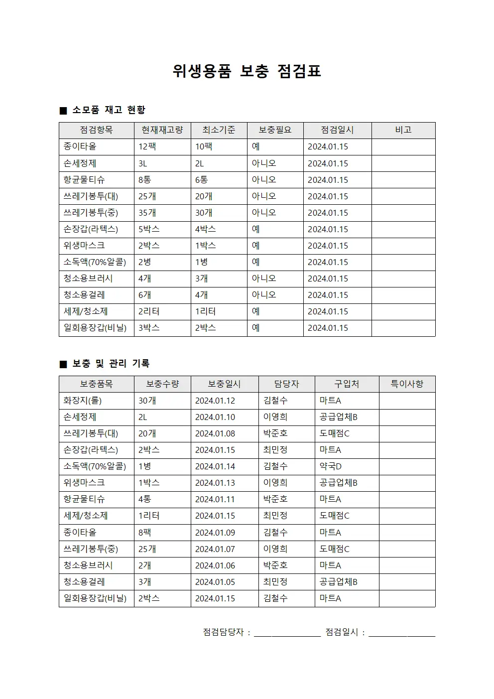 위생용품 보충 점검표