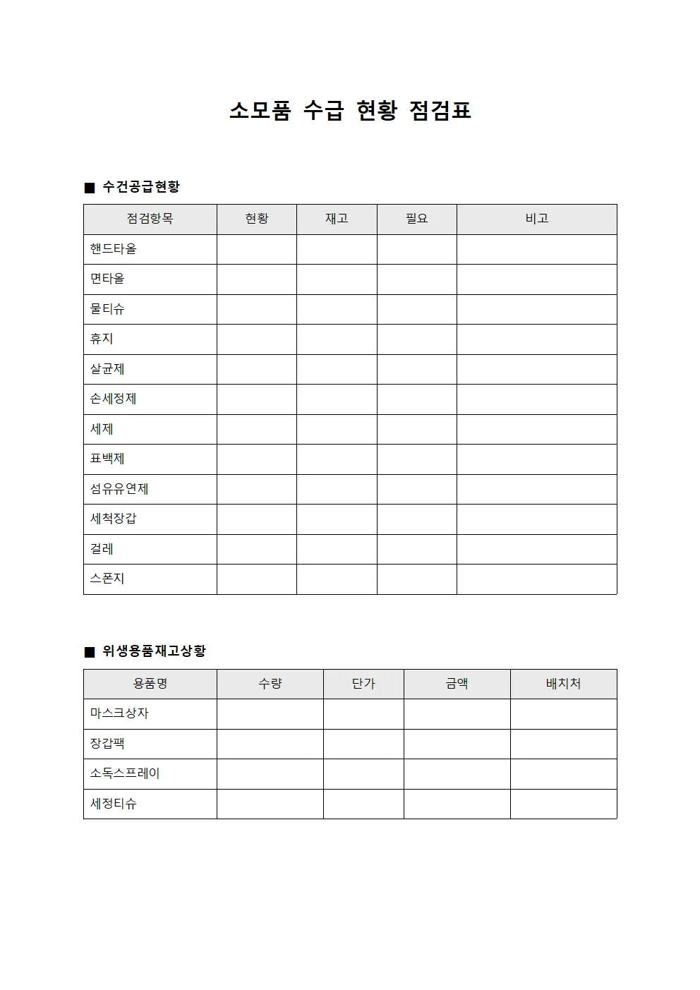 소모품 수급 현황 점검표