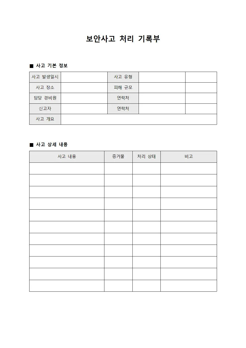 보안사고 처리 기록부 문서양식