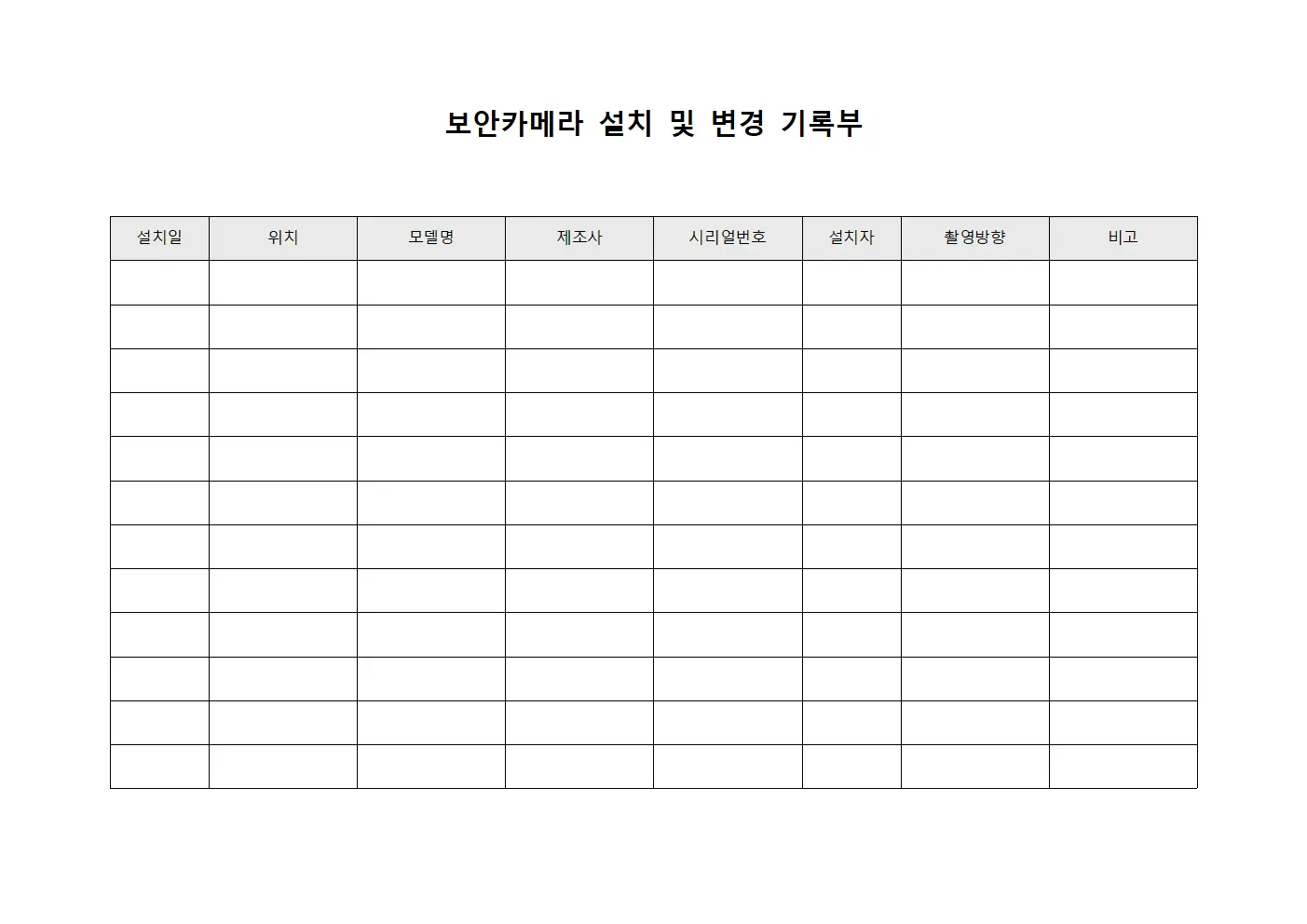 보안카메라 설치 및 변경 기록부