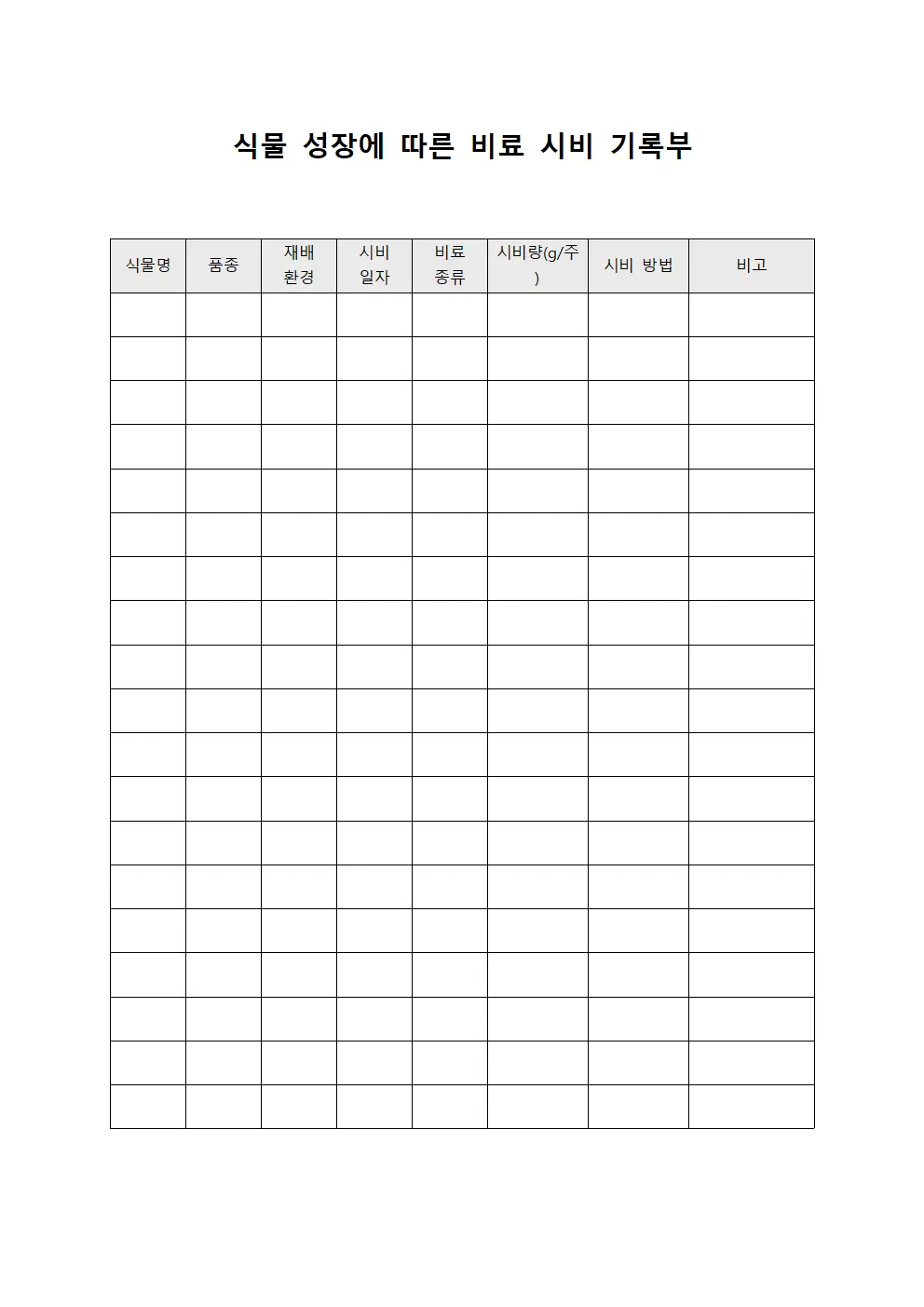 식물 성장에 따른 비료 시비 기록부 파일양식