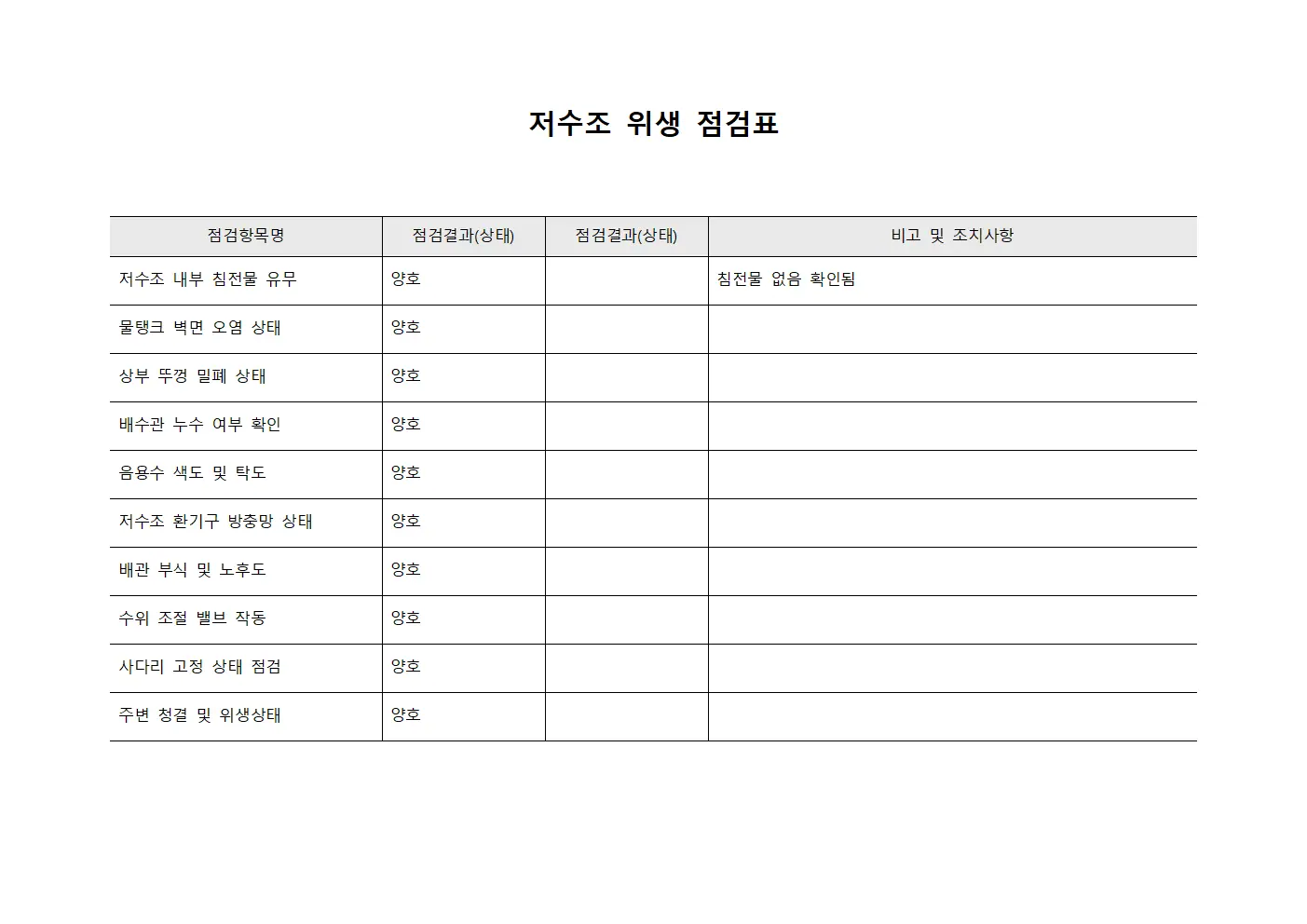 저수조 위생 점검표 템플릿 양식
