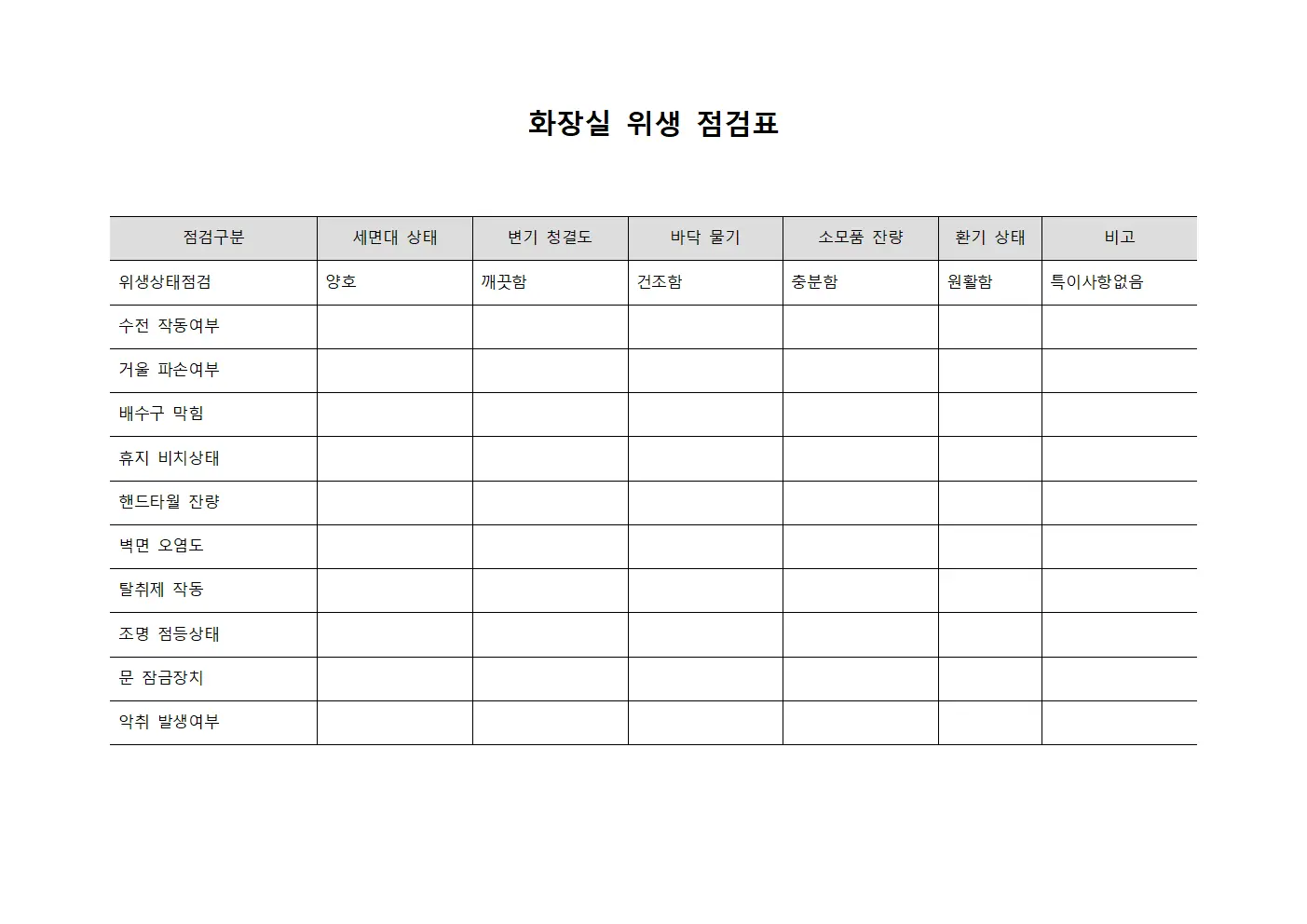 화장실 위생 점검표 문서서식