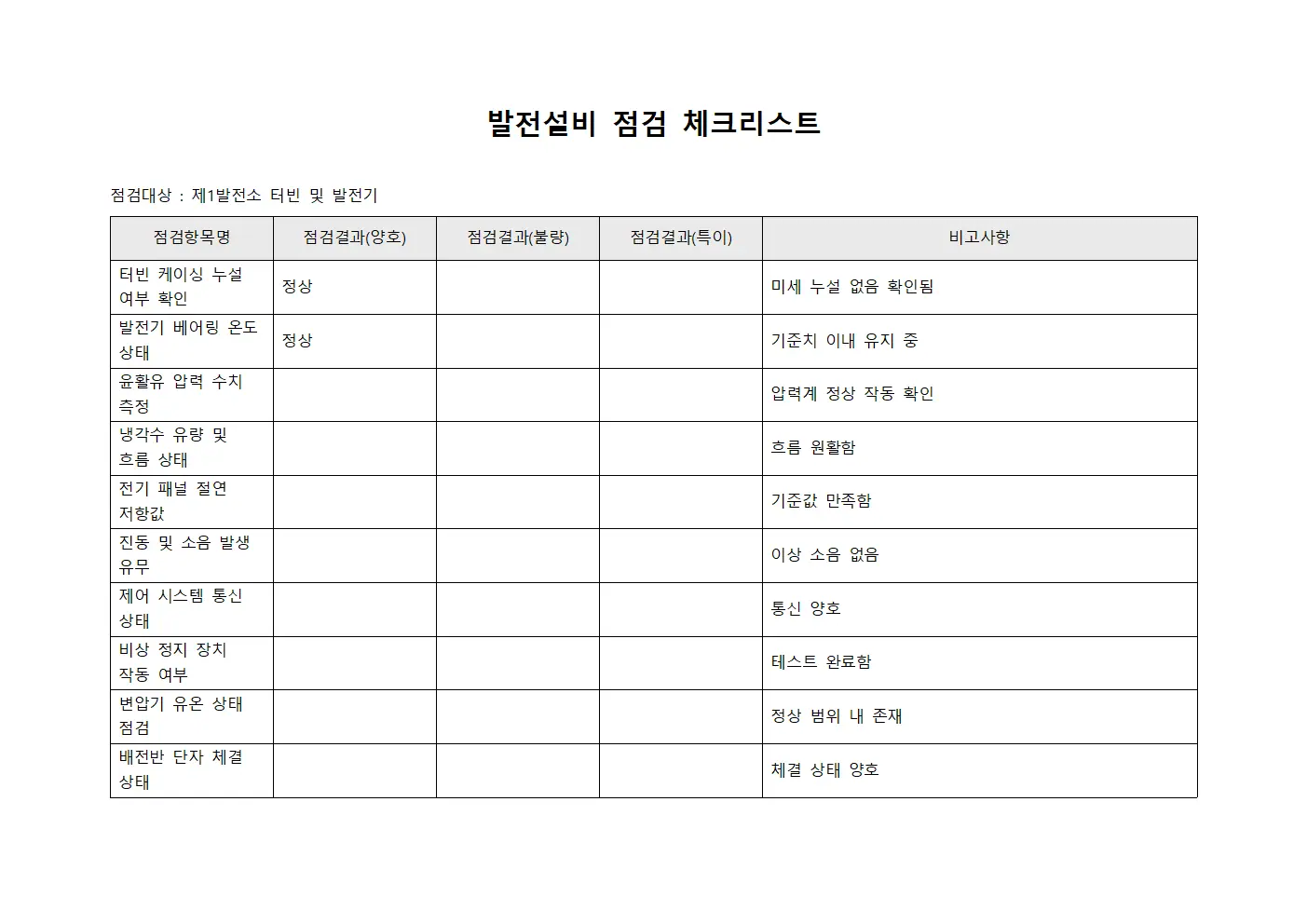 발전설비 점검 체크리스트