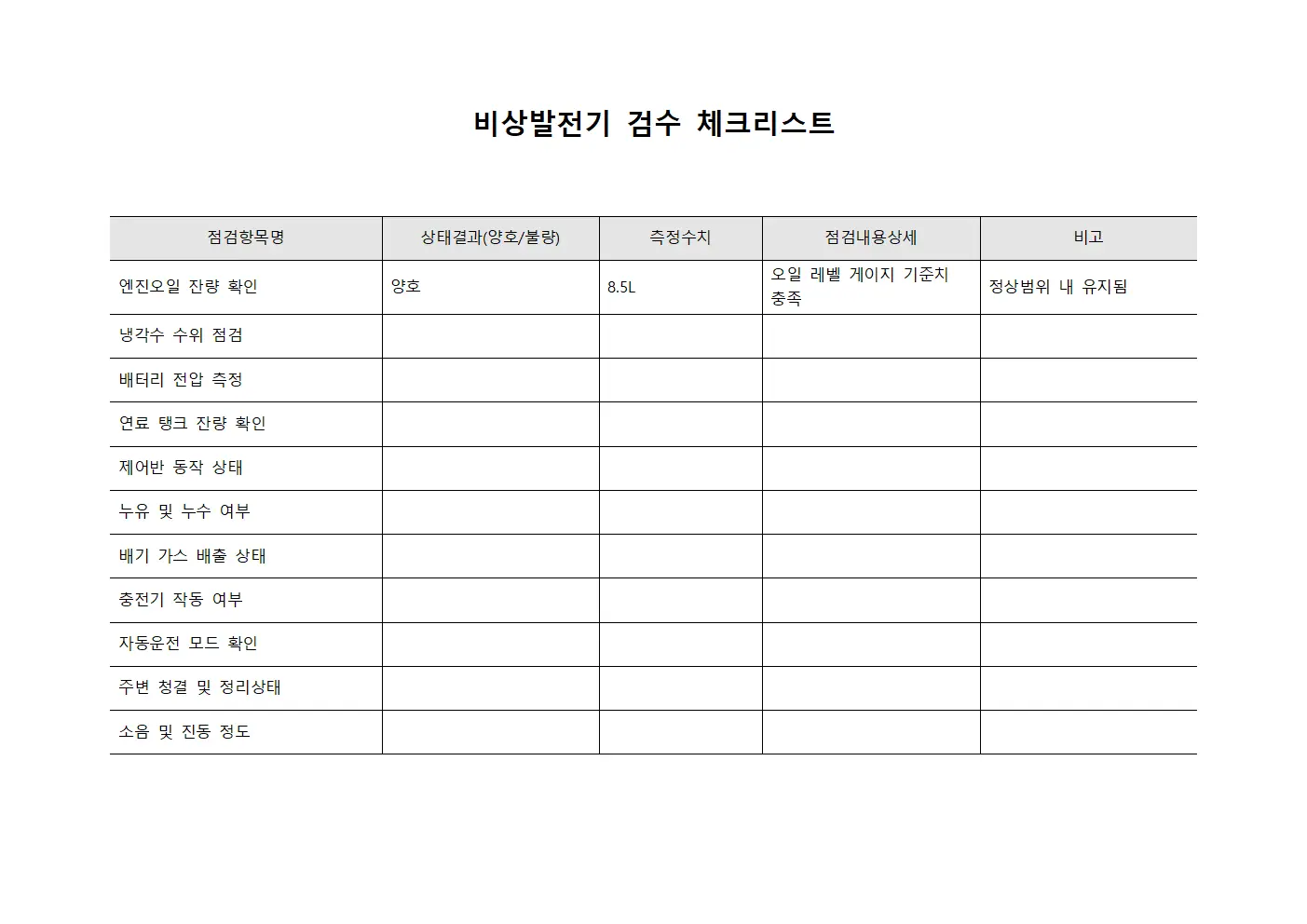 비상발전기 검수 체크리스트