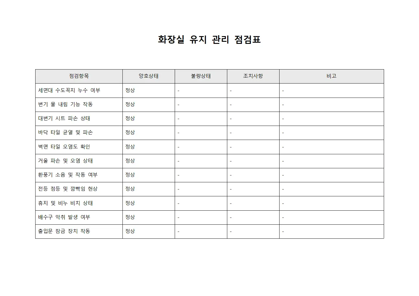 화장실 유지 관리 점검표 파일서식
