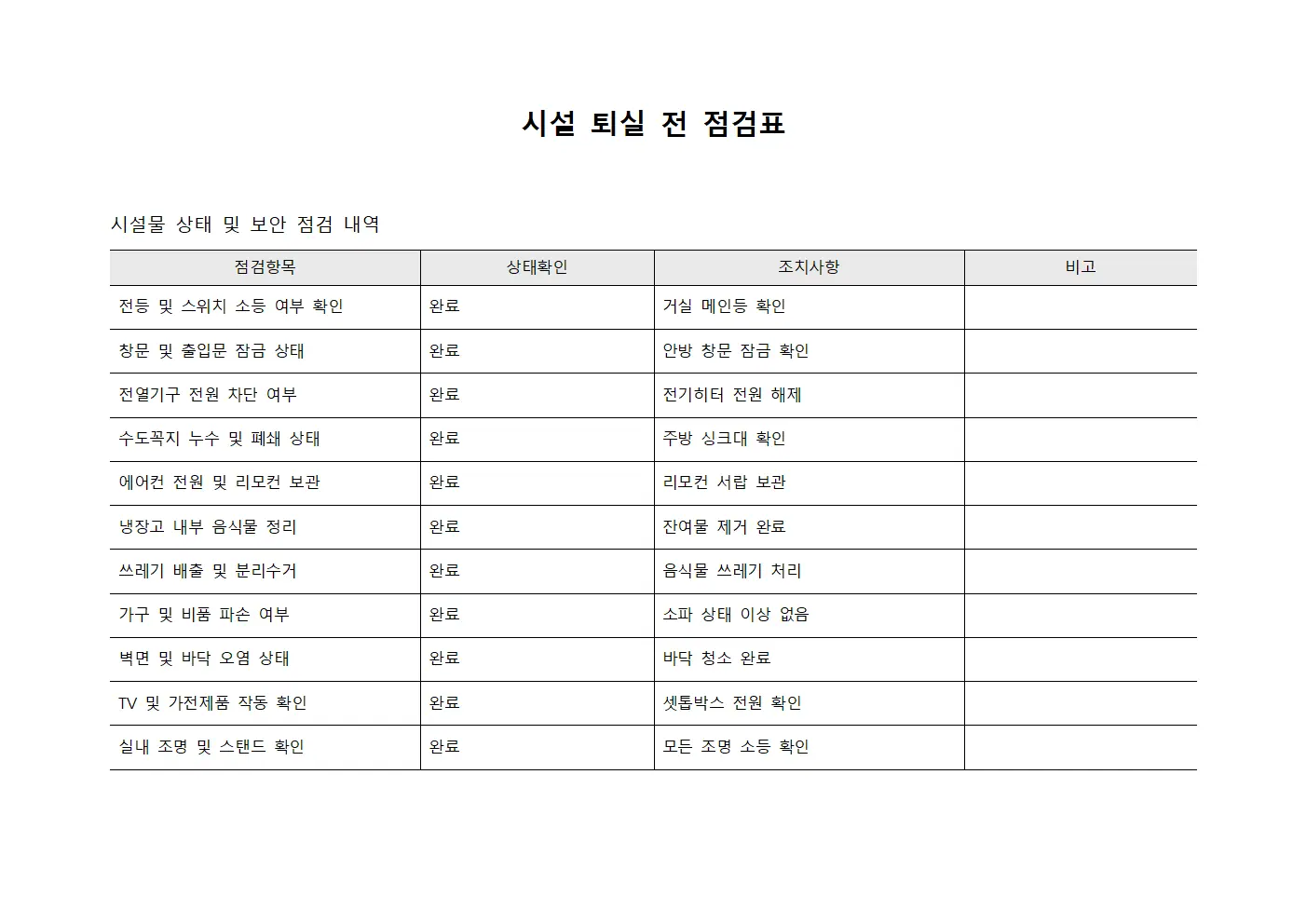 시설 퇴실 전 점검표 양식