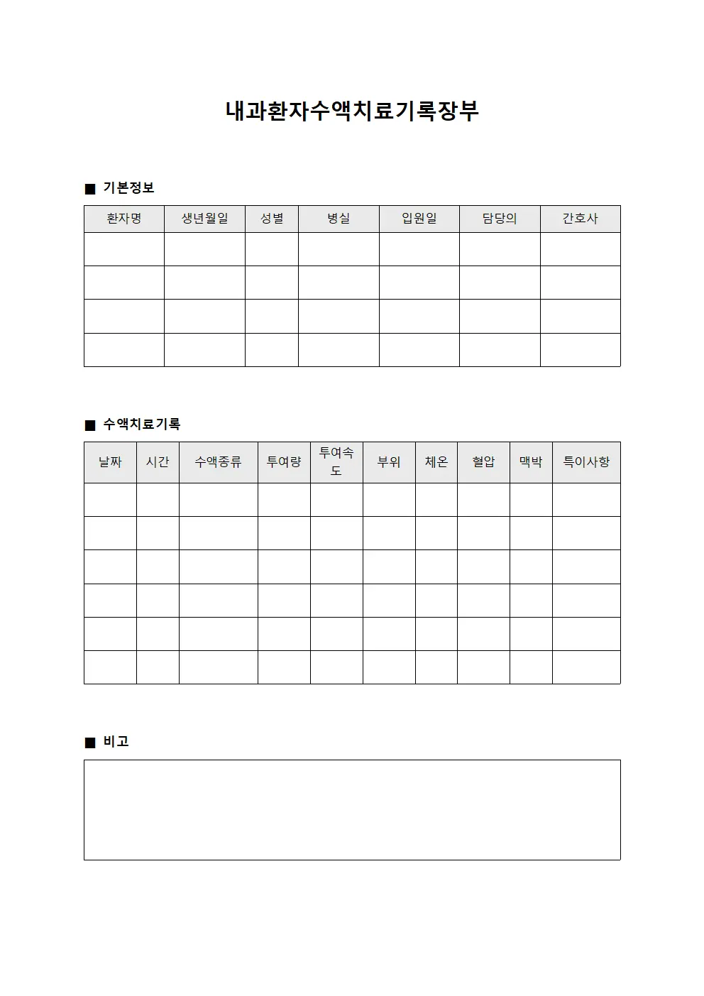 내과환자수액치료기록장부