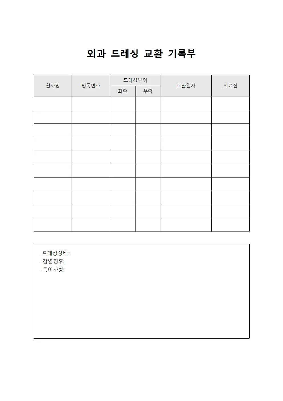 외과 드레싱 교환 기록부
