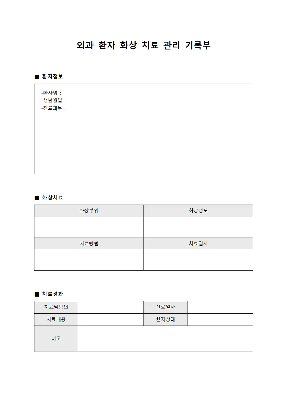 외과 환자 화상 치료 관리 기록부