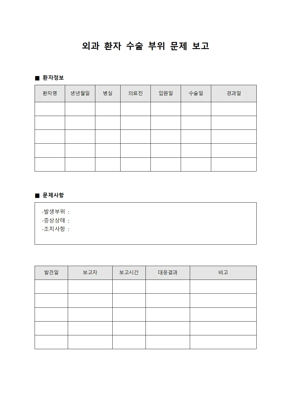 외과 환자 수술 부위 문제 보고 문서.서식