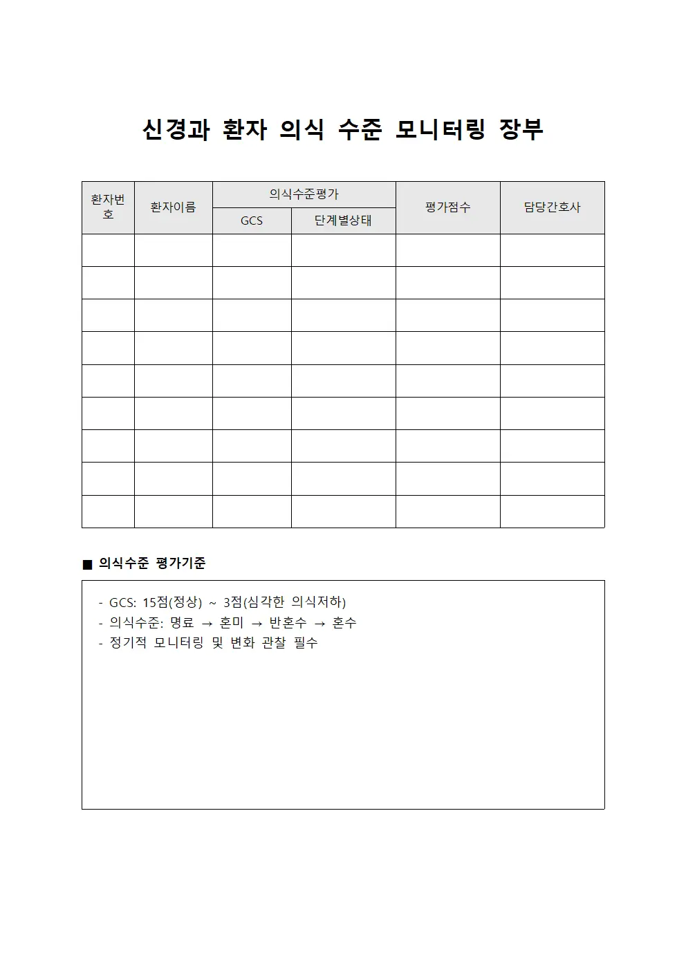 신경과 환자 의식 수준 모니터링 장부 서식문서