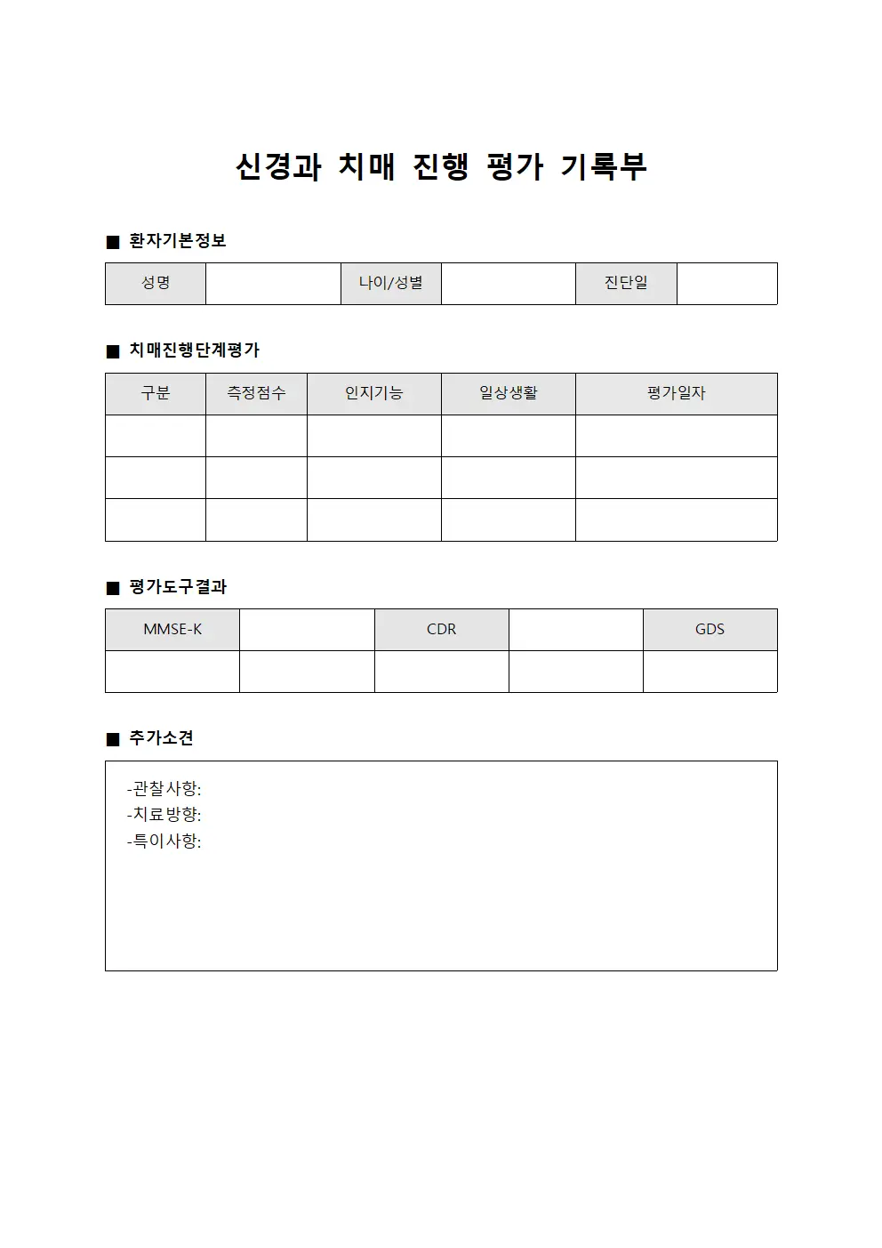 신경과 치매 진행 평가 기록부