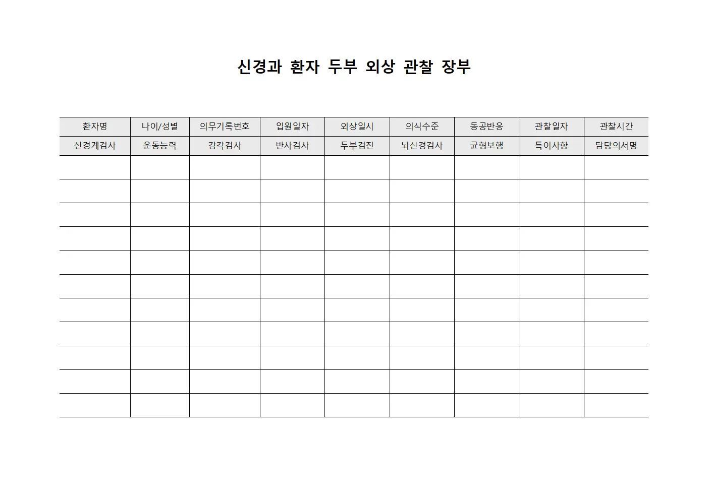 신경과 환자 두부 외상 관찰 장부