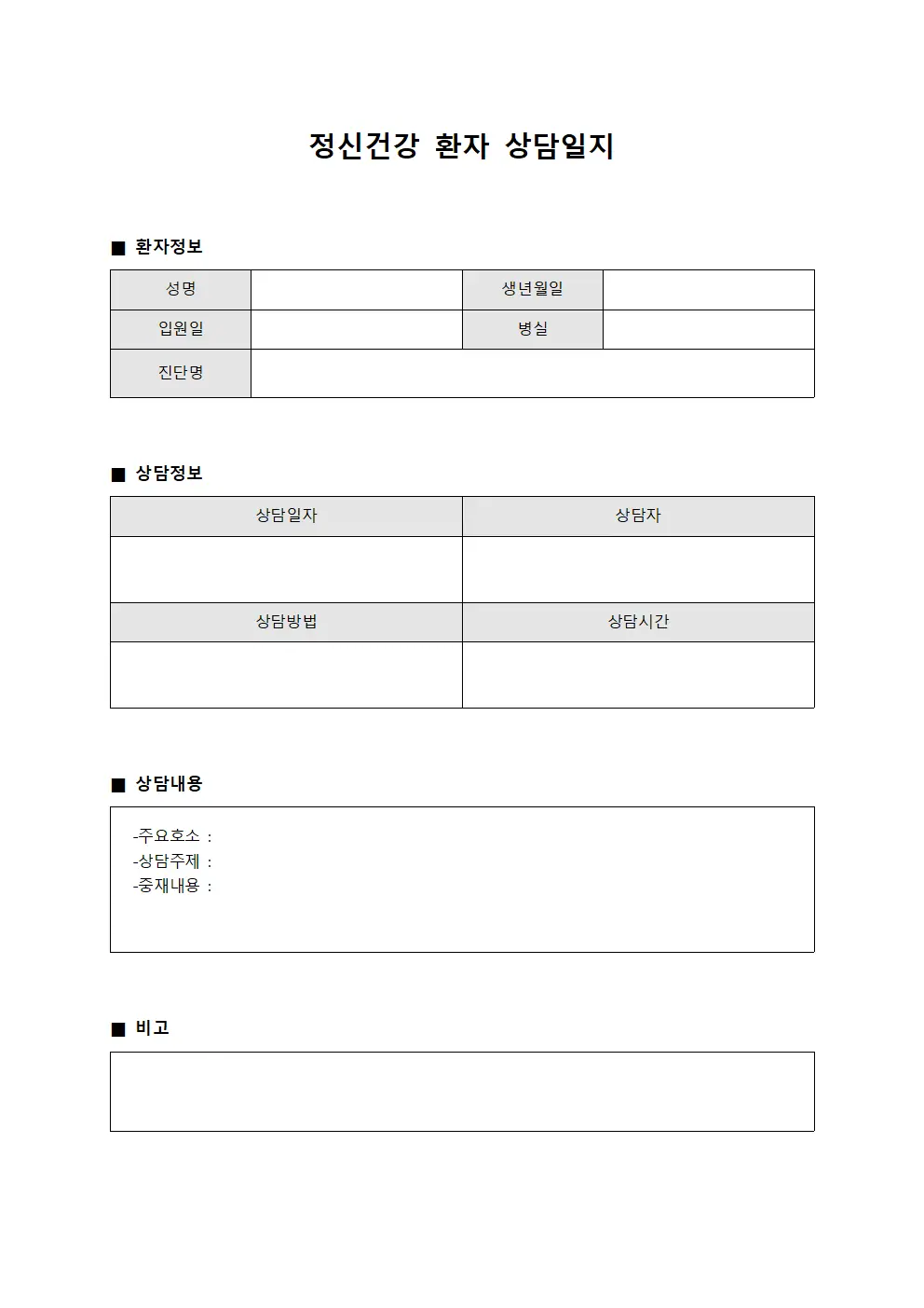 정신건강 환자 상담일지