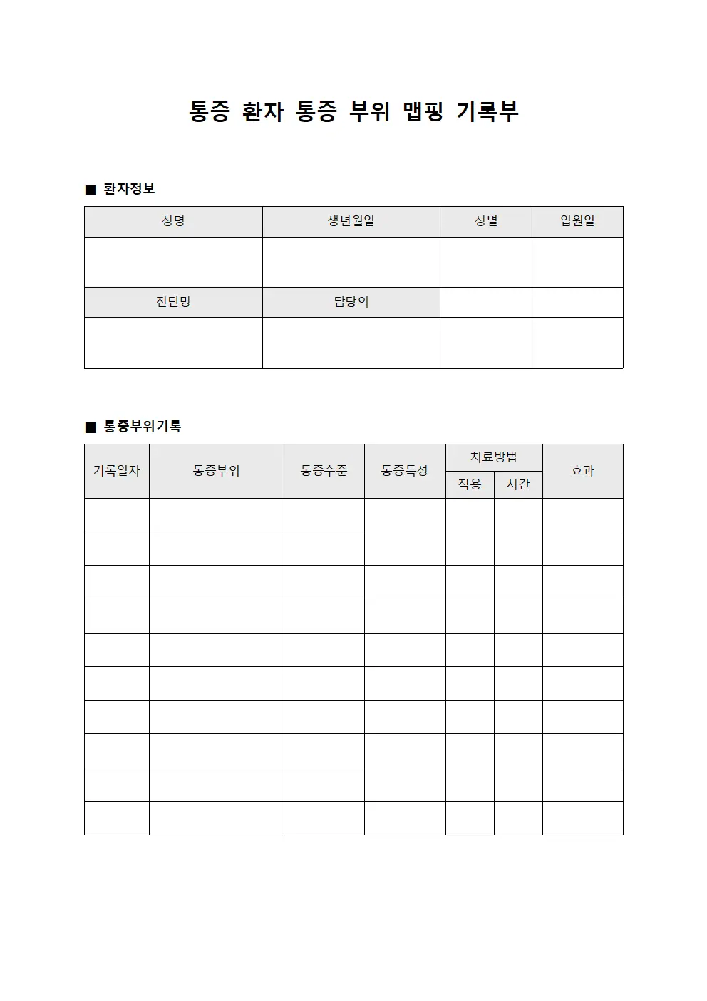 통증 환자 통증 부위 맵핑 기록부