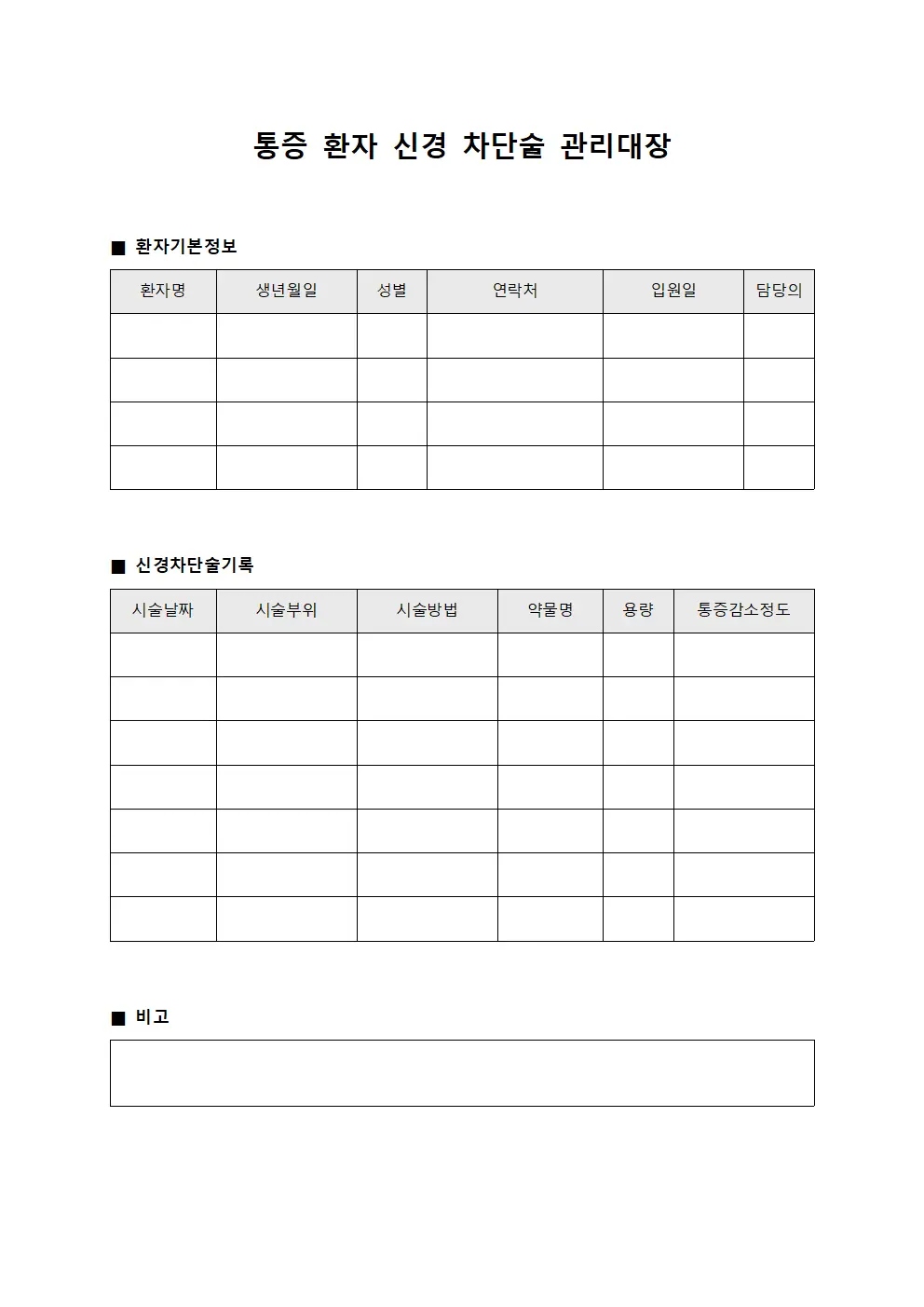 통증 환자 신경 차단술 관리대장