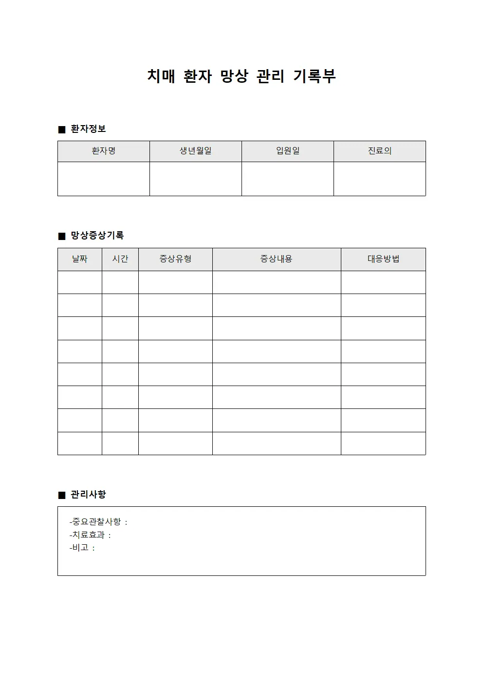 치매 환자 망상 관리 기록부