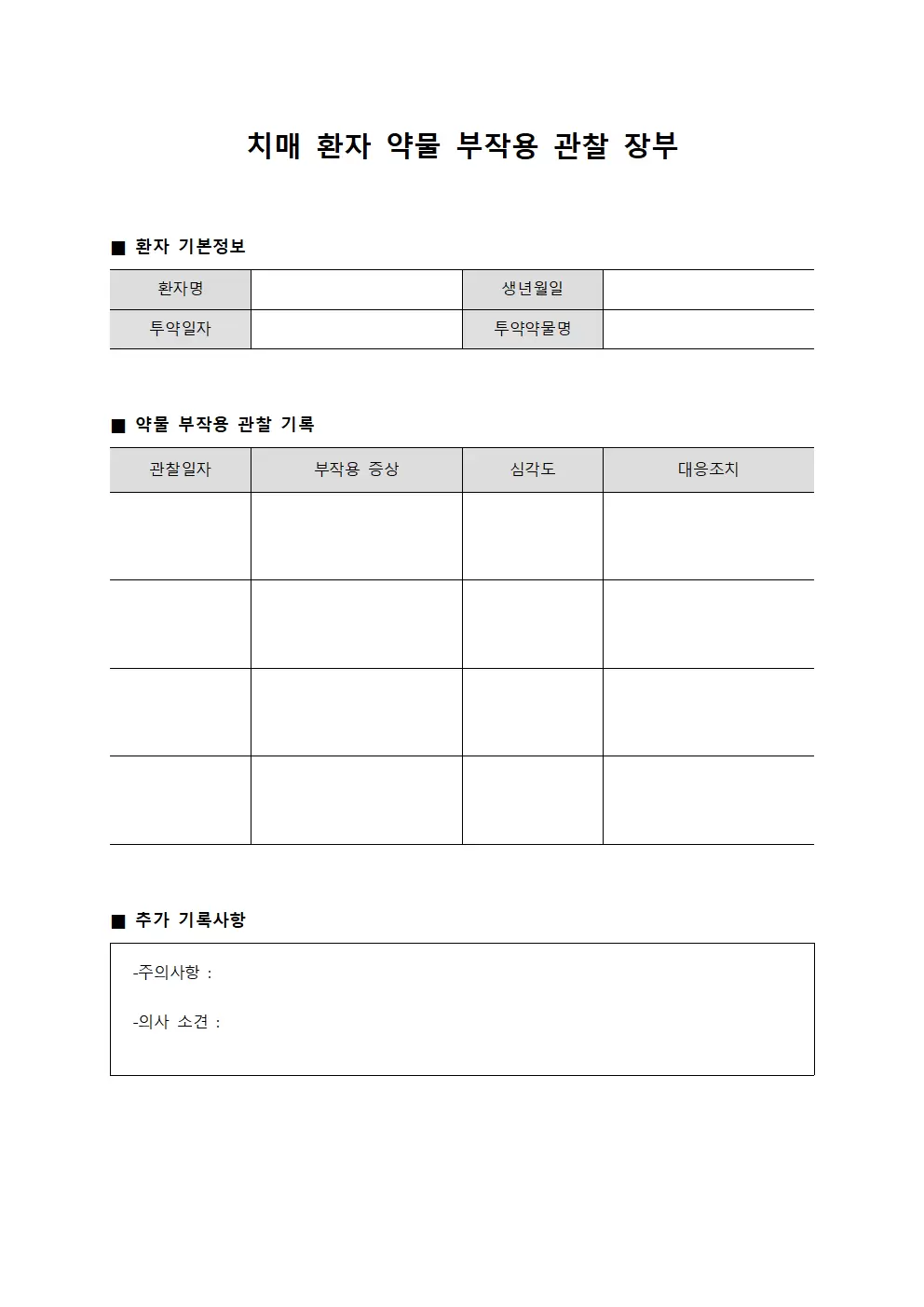 치매 환자 약물 부작용 관찰 장부