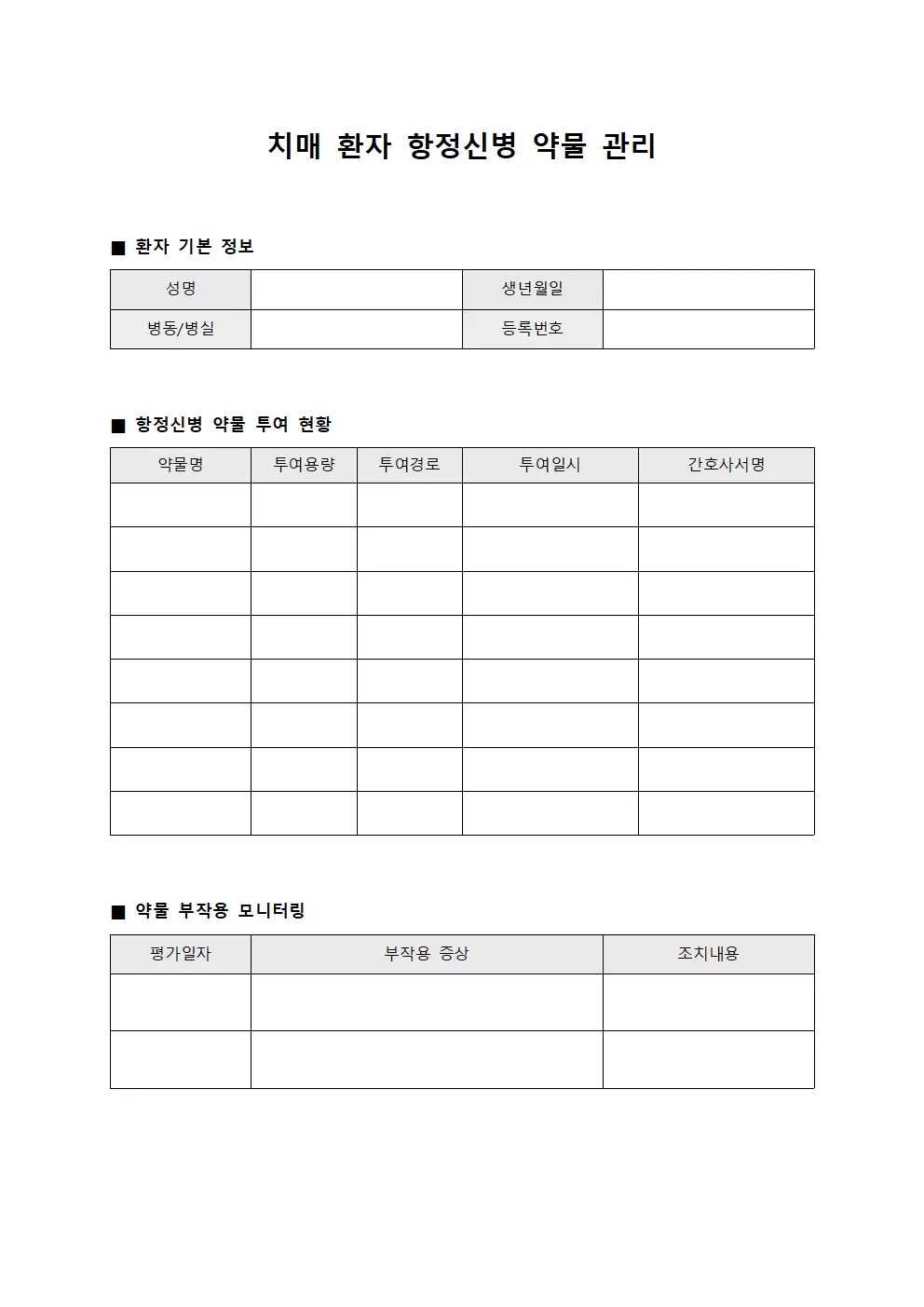 치매 환자 항정신병 약물 관리 양식문서