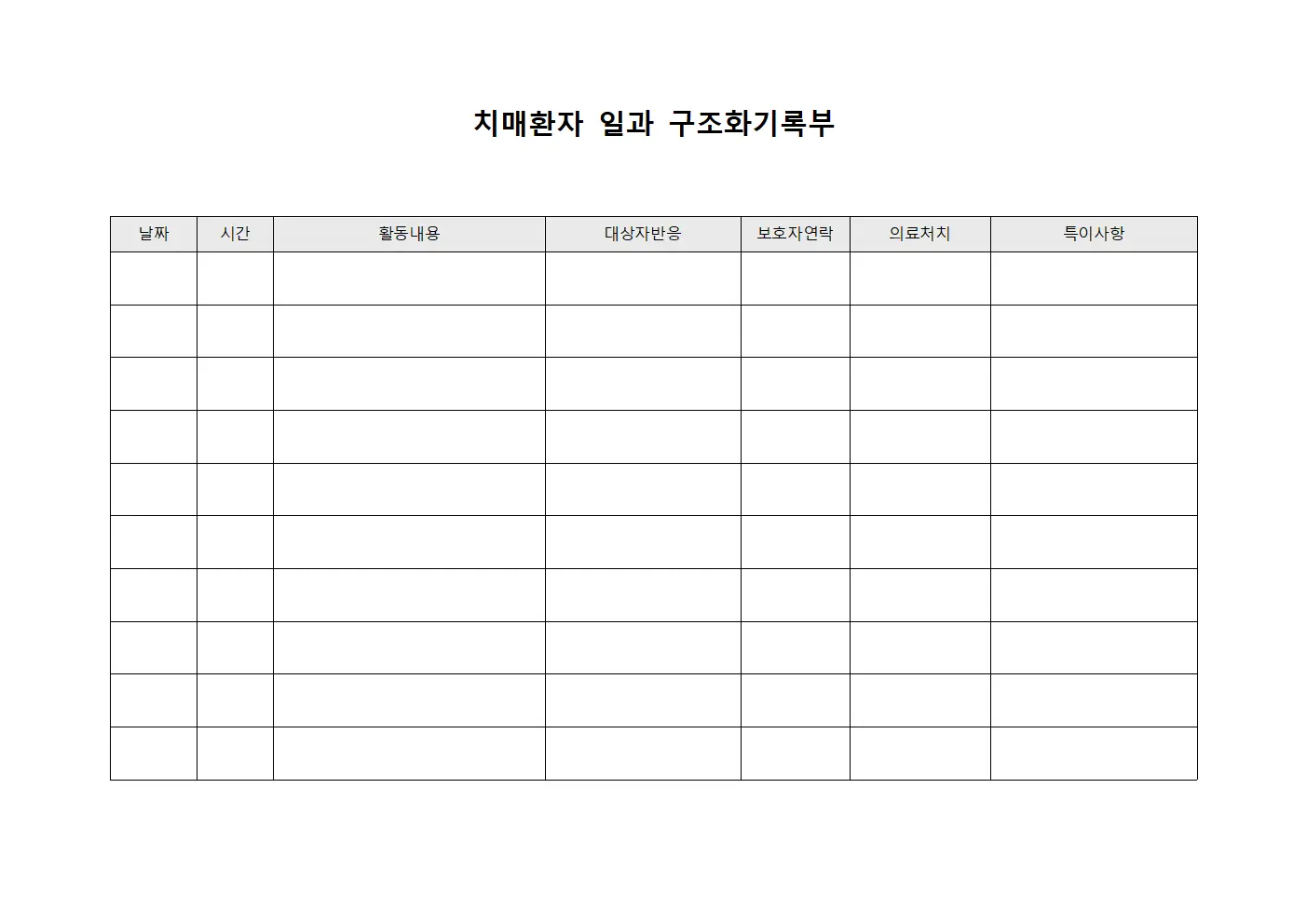 치매환자 일과 구조화기록부 서식