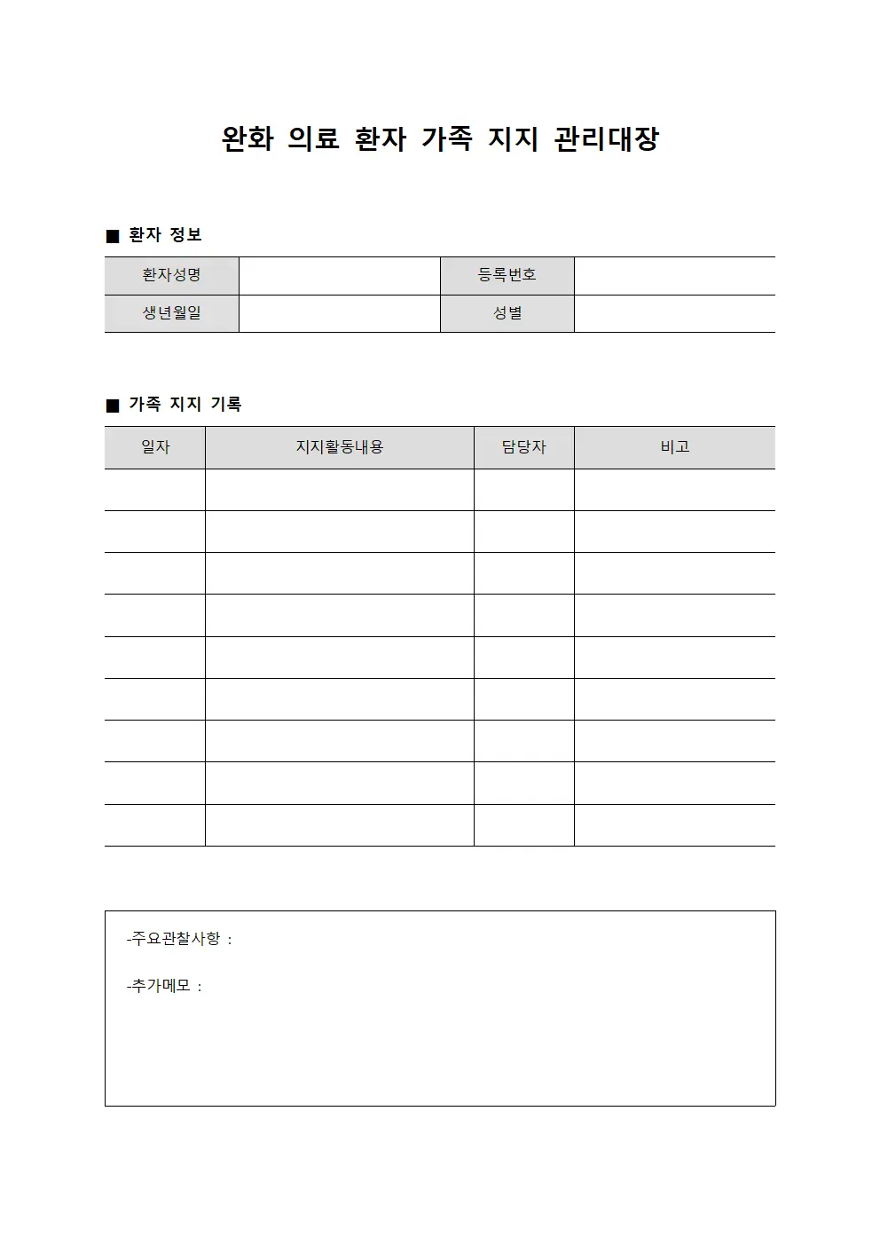 완화 의료 환자 가족 지지 관리대장