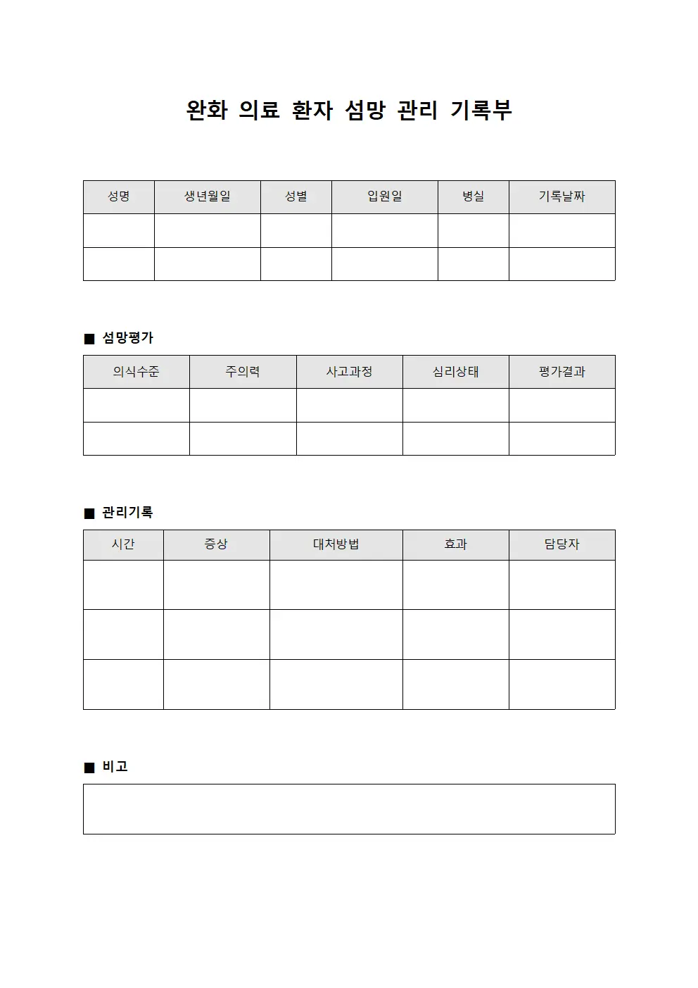 완화 의료 환자 섬망 관리 기록부 양식