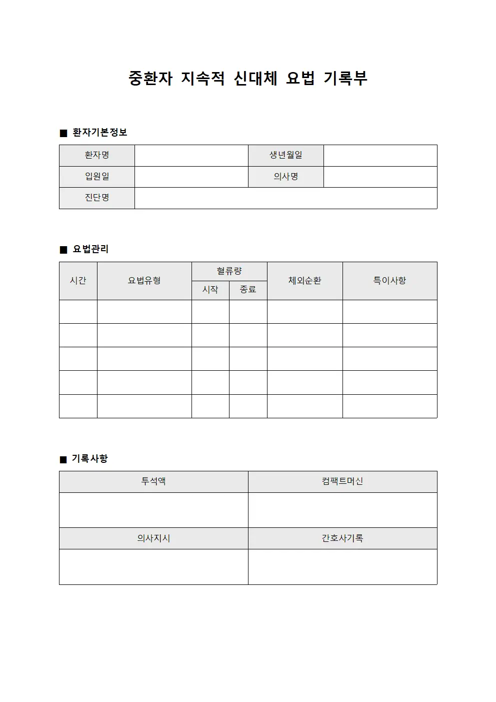 중환자 지속적 신대체 요법 기록부 템플릿