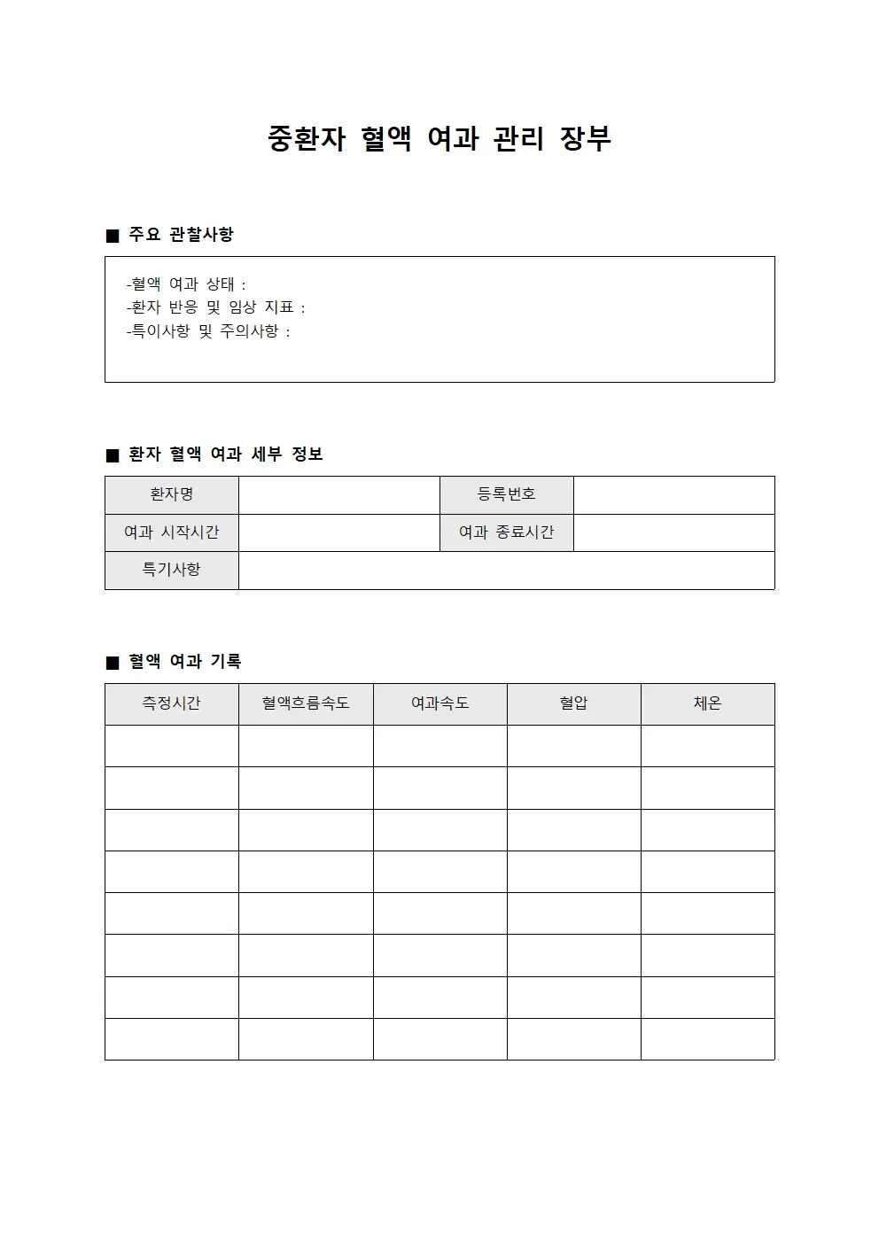 중환자 혈액 여과 관리 장부