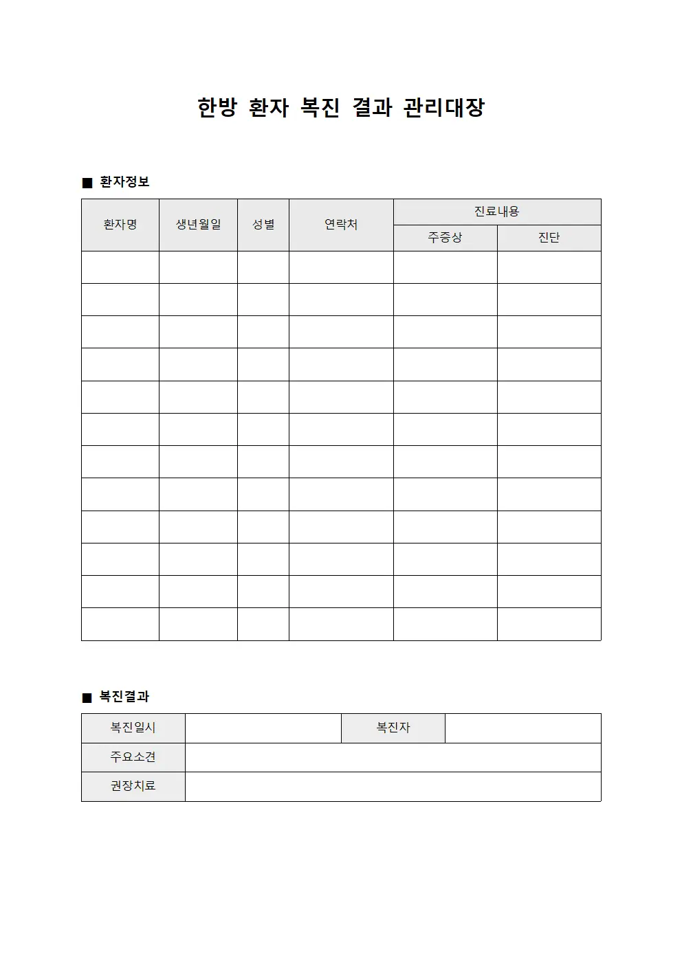 한방 환자 복진 결과 관리대장