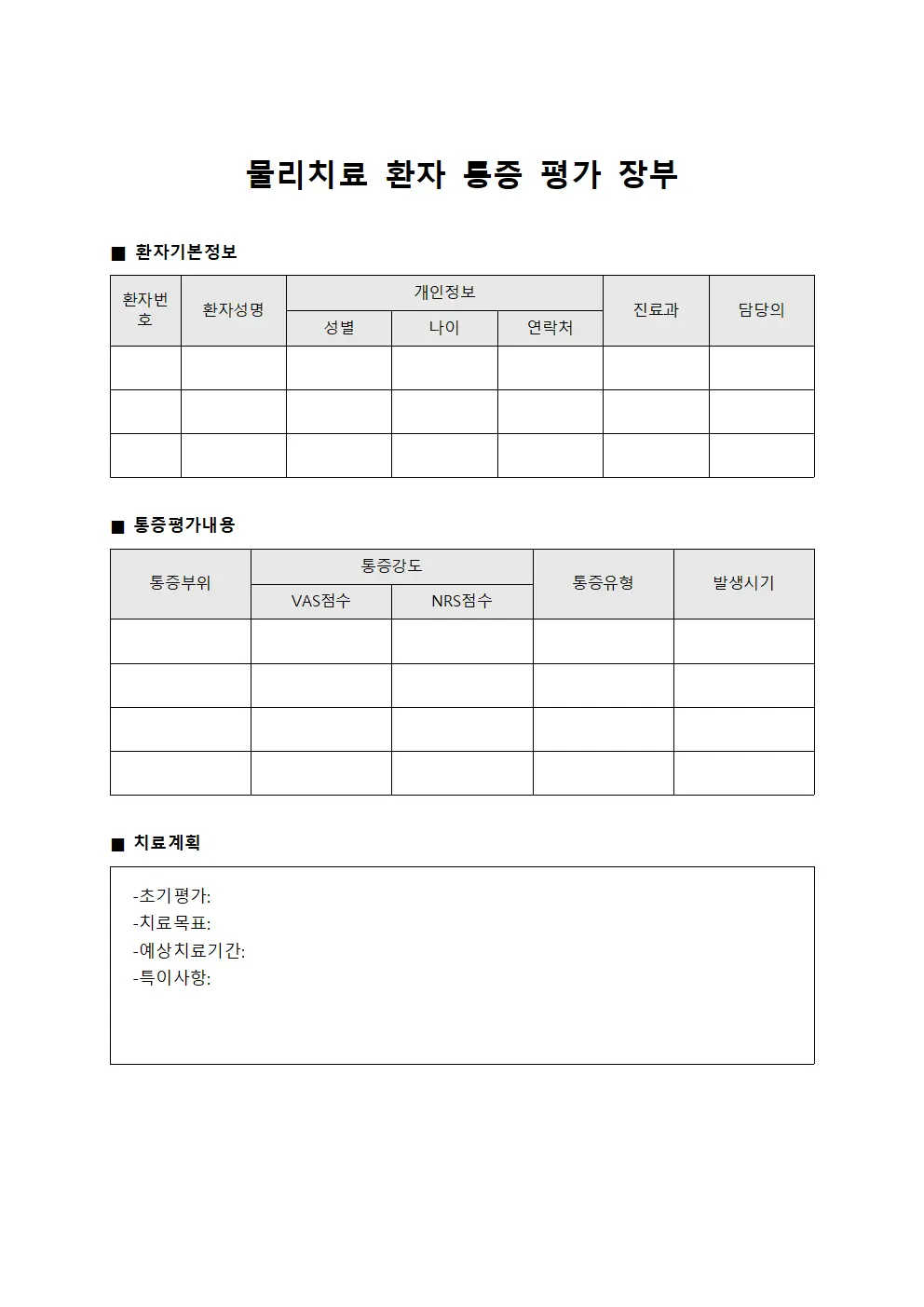 물리치료 환자 통증 평가 장부 문서서식