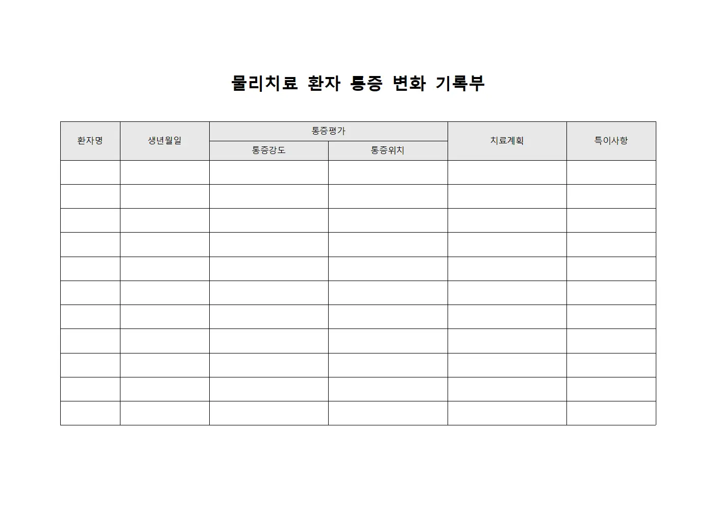 물리치료 환자 통증 변화 기록부