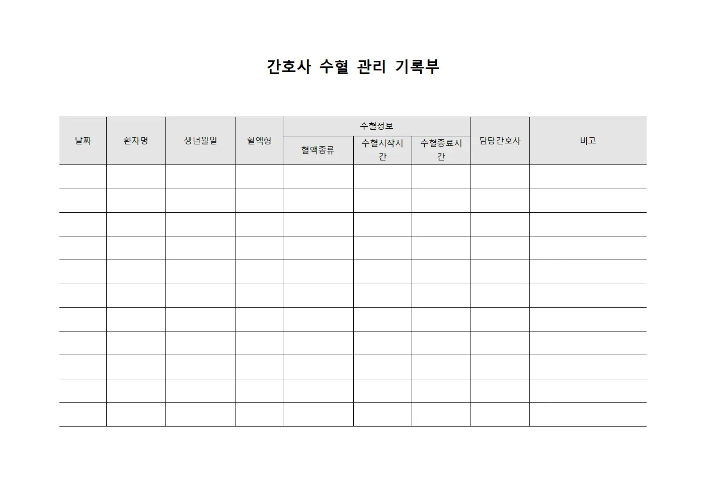 간호사 수혈 관리 기록부