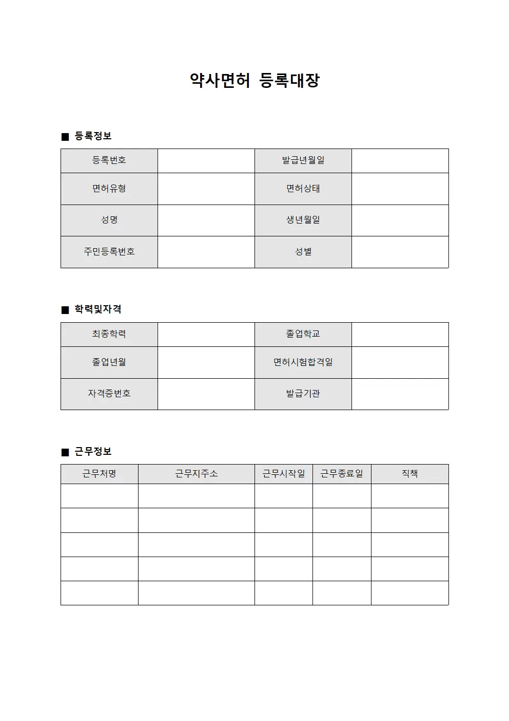 전문가 자격증 등록대장 약사면허