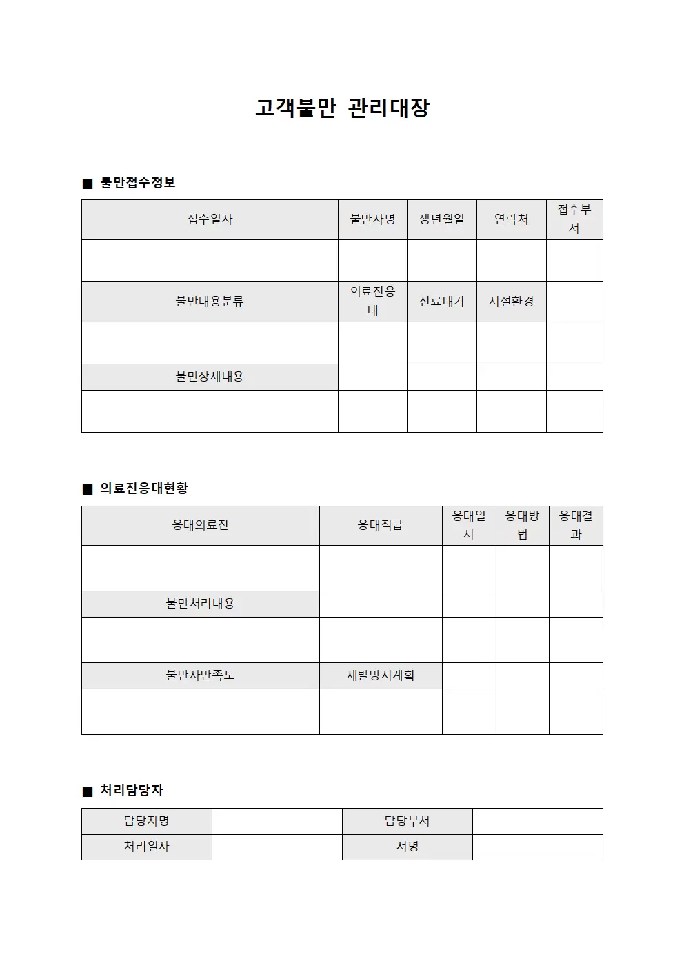 고객불만관리대장 - 의료진응대 현황