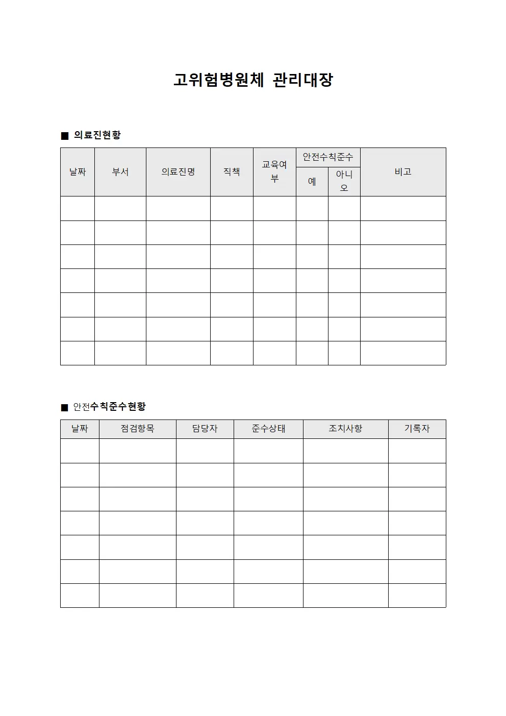 고위험병원체관리대장 (의료진 및 안전수칙준수현황)