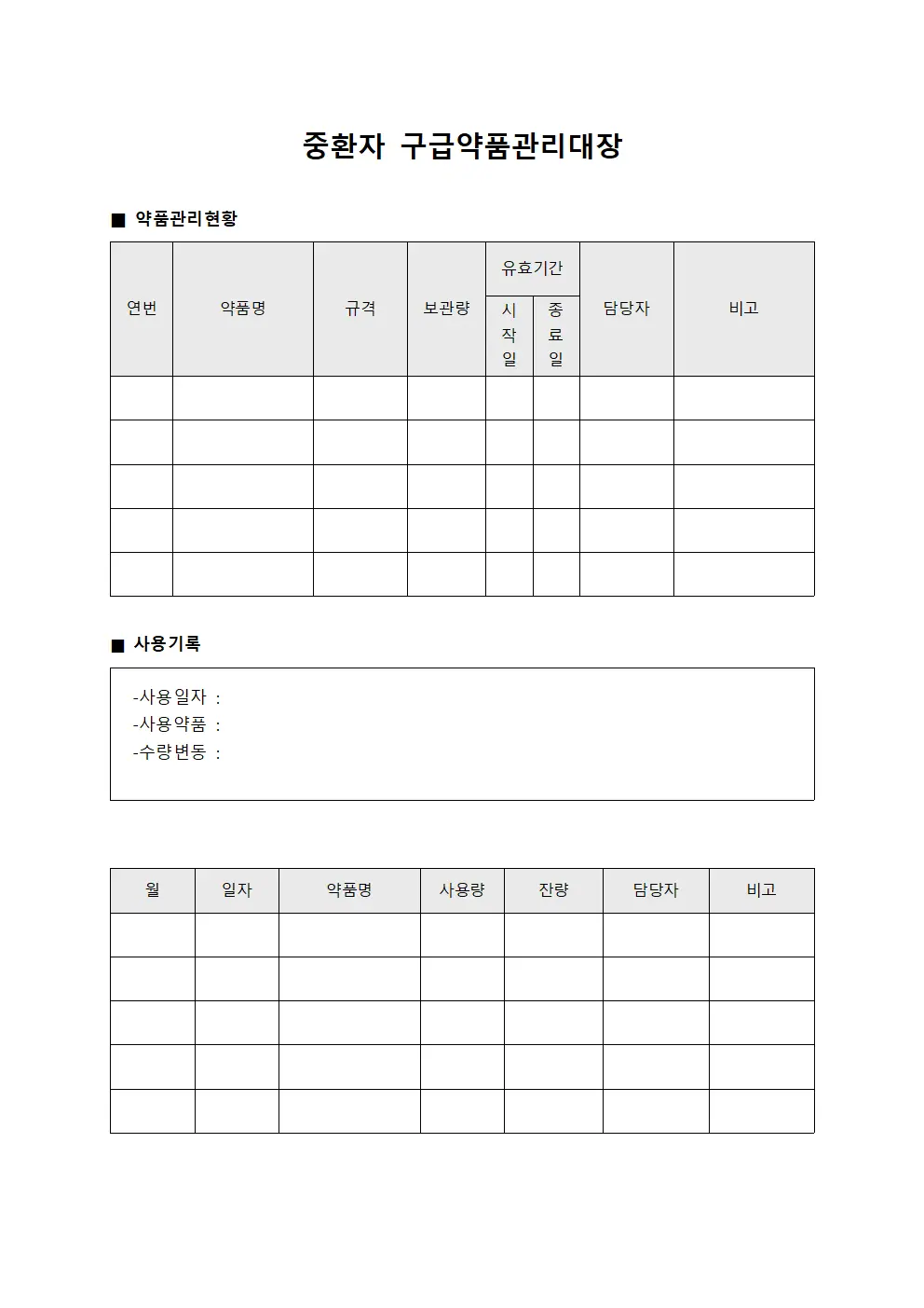 중환자 구급약품관리대장