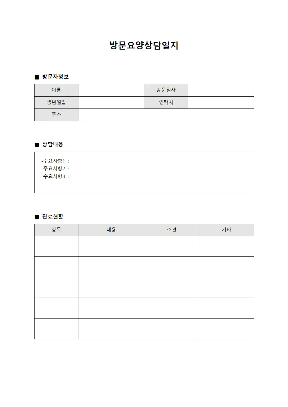 환자 방문요양상담일지 및 진료현황