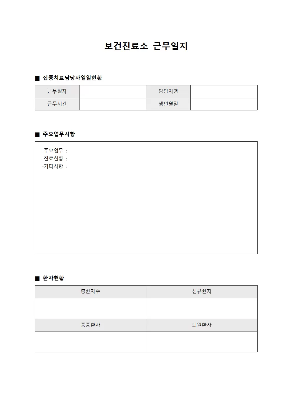 보건진료소근무일지 - 집중치료 담당자 일일현황