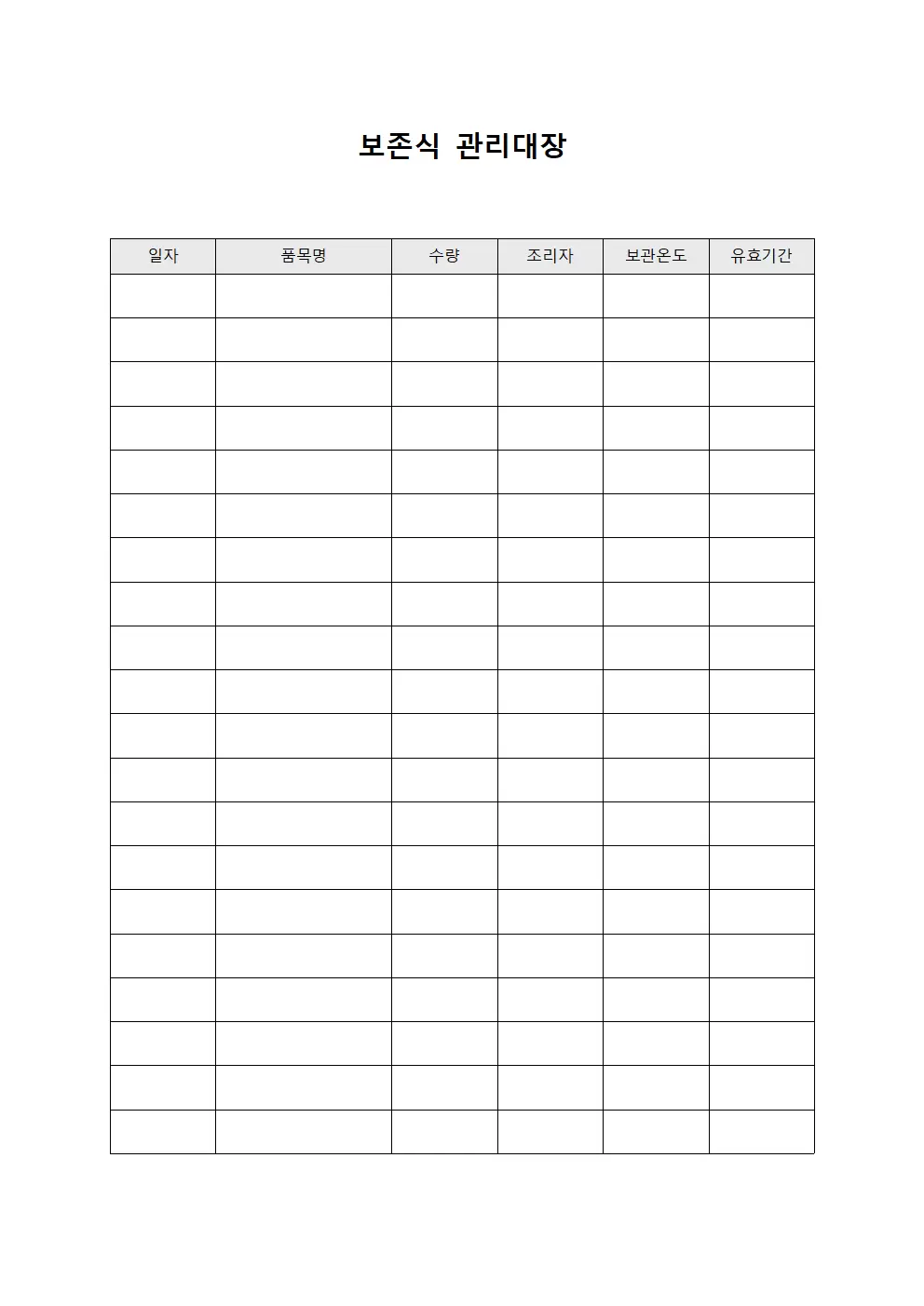 치료용물품 보존식관리대장 현황
