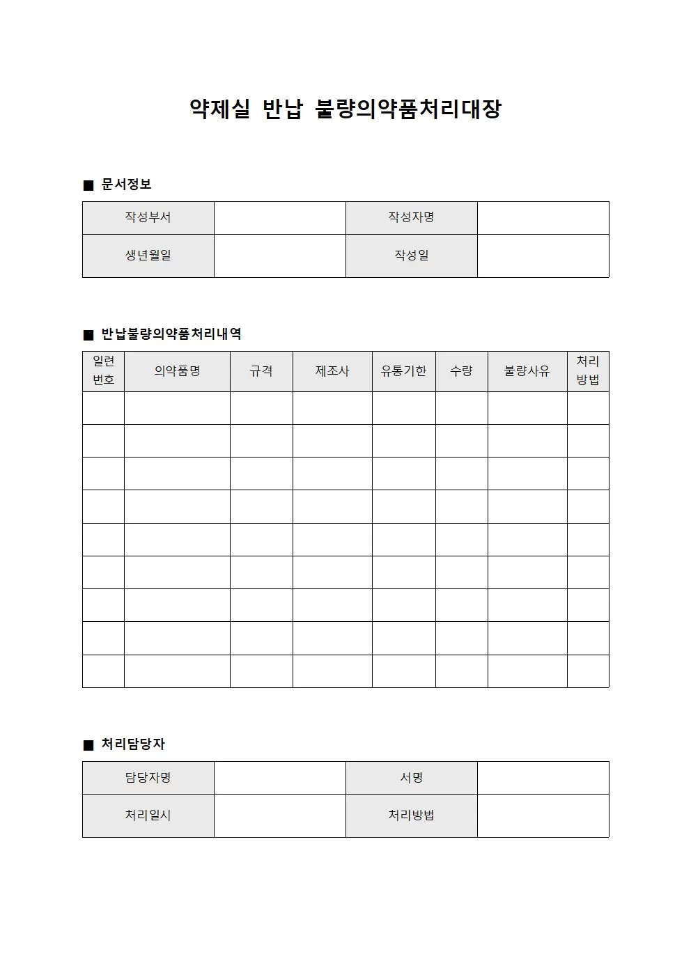 약제실 반납 불량의약품처리대장