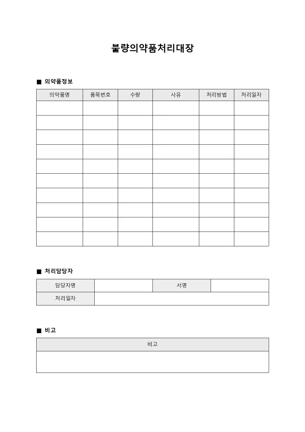약무팀 회수 불량의약품처리대장