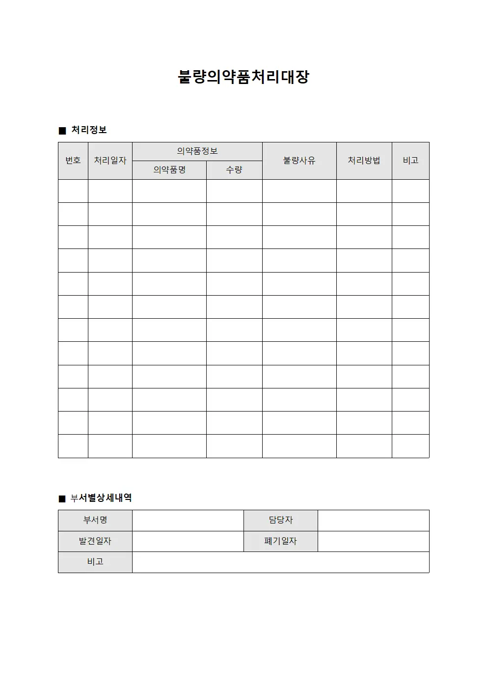 부서별 처리 불량의약품처리대장 파일양식
