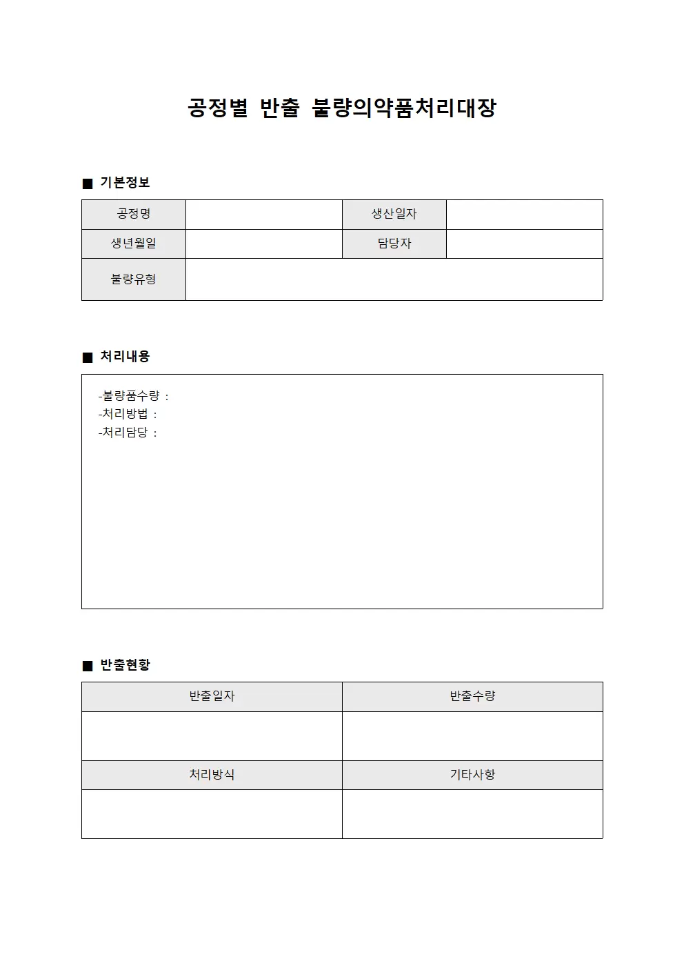공정별 반출 불량의약품처리대장 문서서식