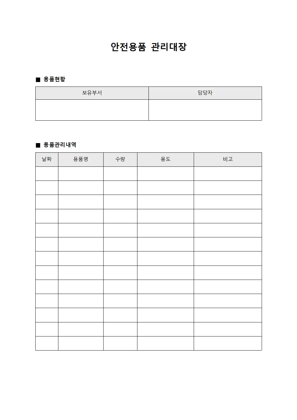 안전용품관리대장 (의료용품구비현황)