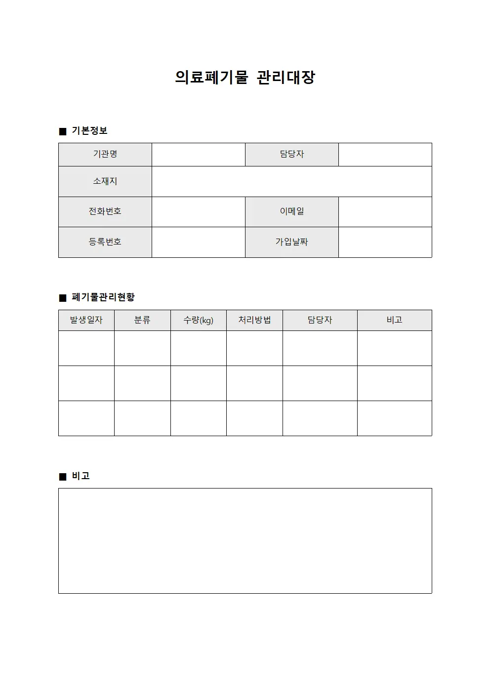 응급용품 의료폐기물관리대장