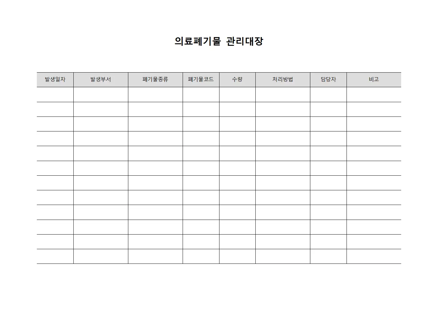 약제기구 의료폐기물관리대장 서식