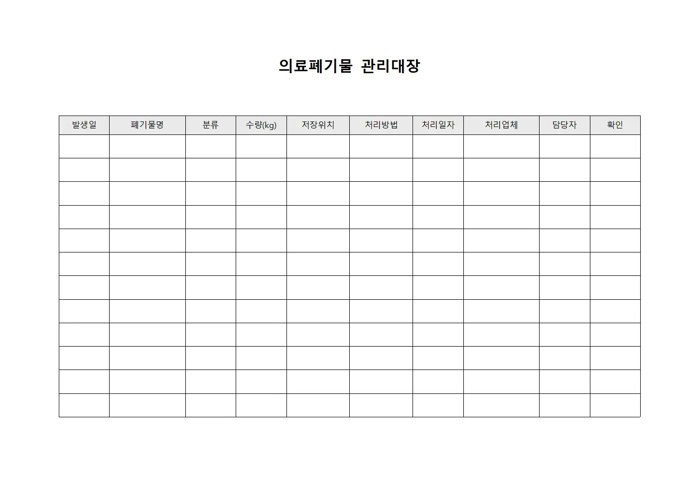 조제폐기 의료폐기물관리대장 양식